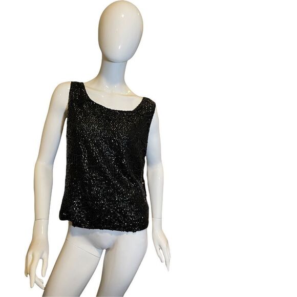 Vintage 1960s Black Sequined Crystal Embellishments Scalloped Formal Party Top M - Picture 14 of 17